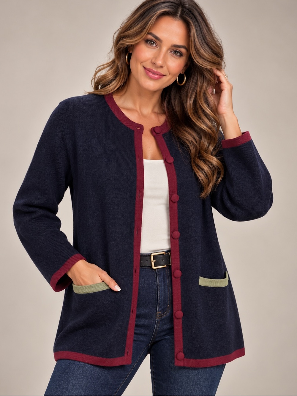 Vintage Talbots Navy Blue Longline Cardigan Sweater Burgundy Trim Pockets M L